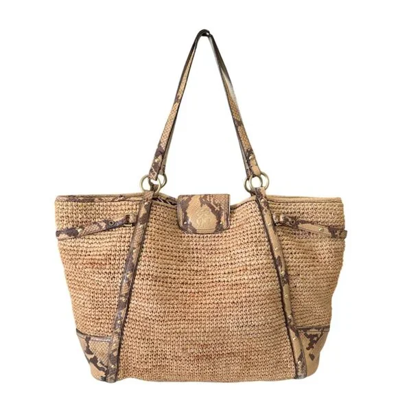 Coach Natalie Straw and Python Embossed Leather Trim Hangtags Natural Large Tote - Picture 7 of 15